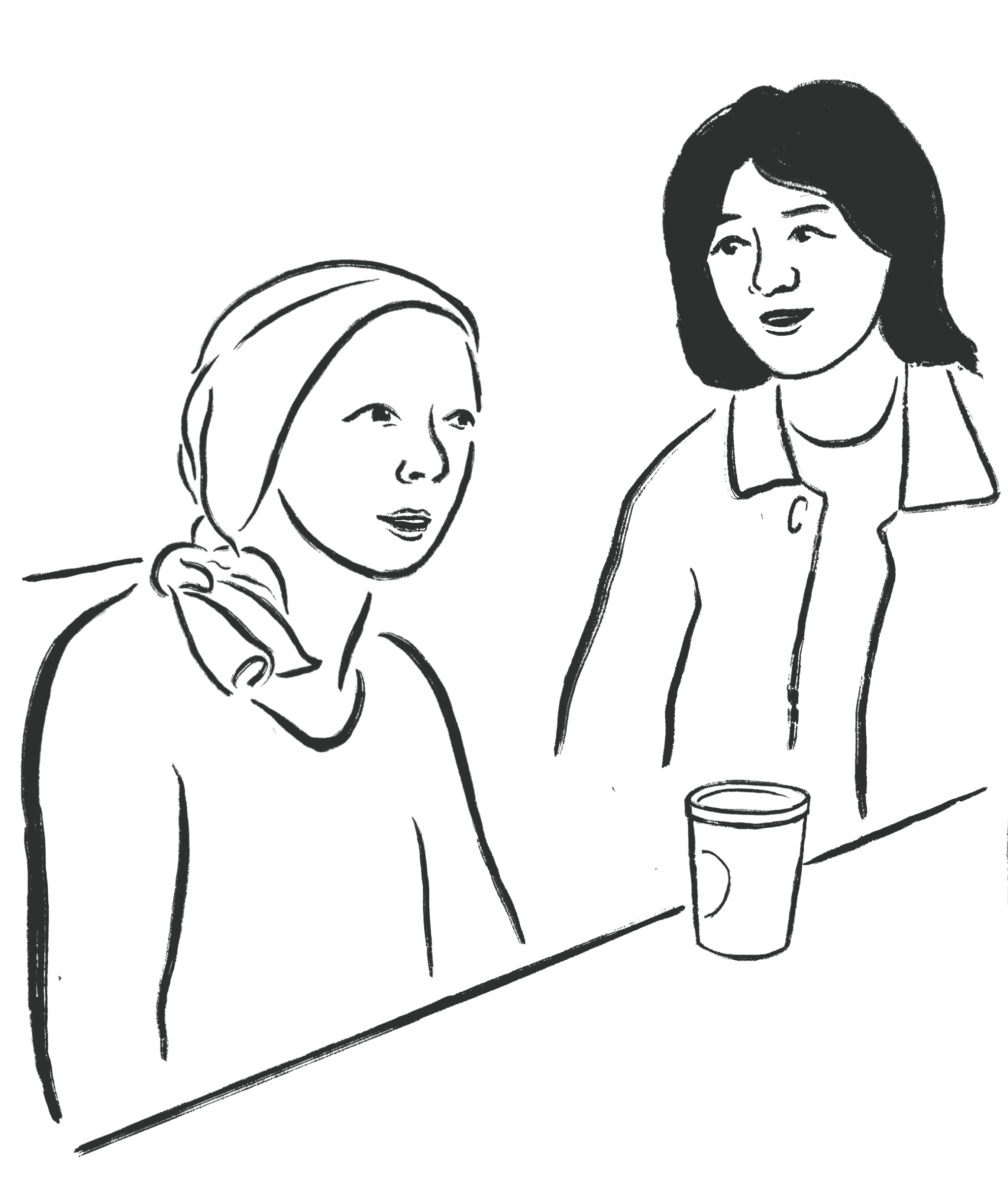 Tegnet illustrasjon av to jenter som prater sammen. Jenten til høyre har på seg skaut og sitter ved et bord med et krus foran seg og prater opp mot hun andre. Jenten til venstre står ved siden av og prater til henne. Begge har et vennlig uttrykk.