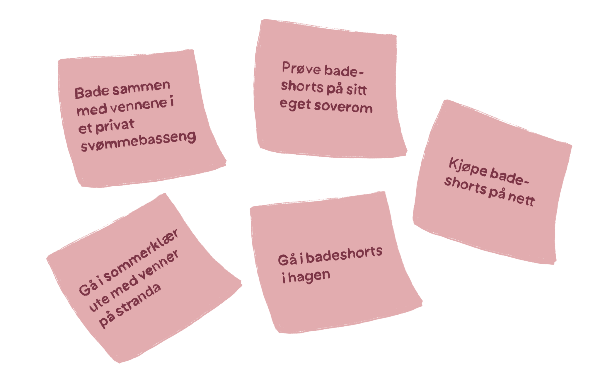 Post-it lapper: Bade sammen med vennene i et privat svømmebaseng Gå i sommerklær ute med venner på stranda Gå i badeshorts i hagen Prøve badeshorts på sitt eget soverom Kjøpe badeshorts på nett