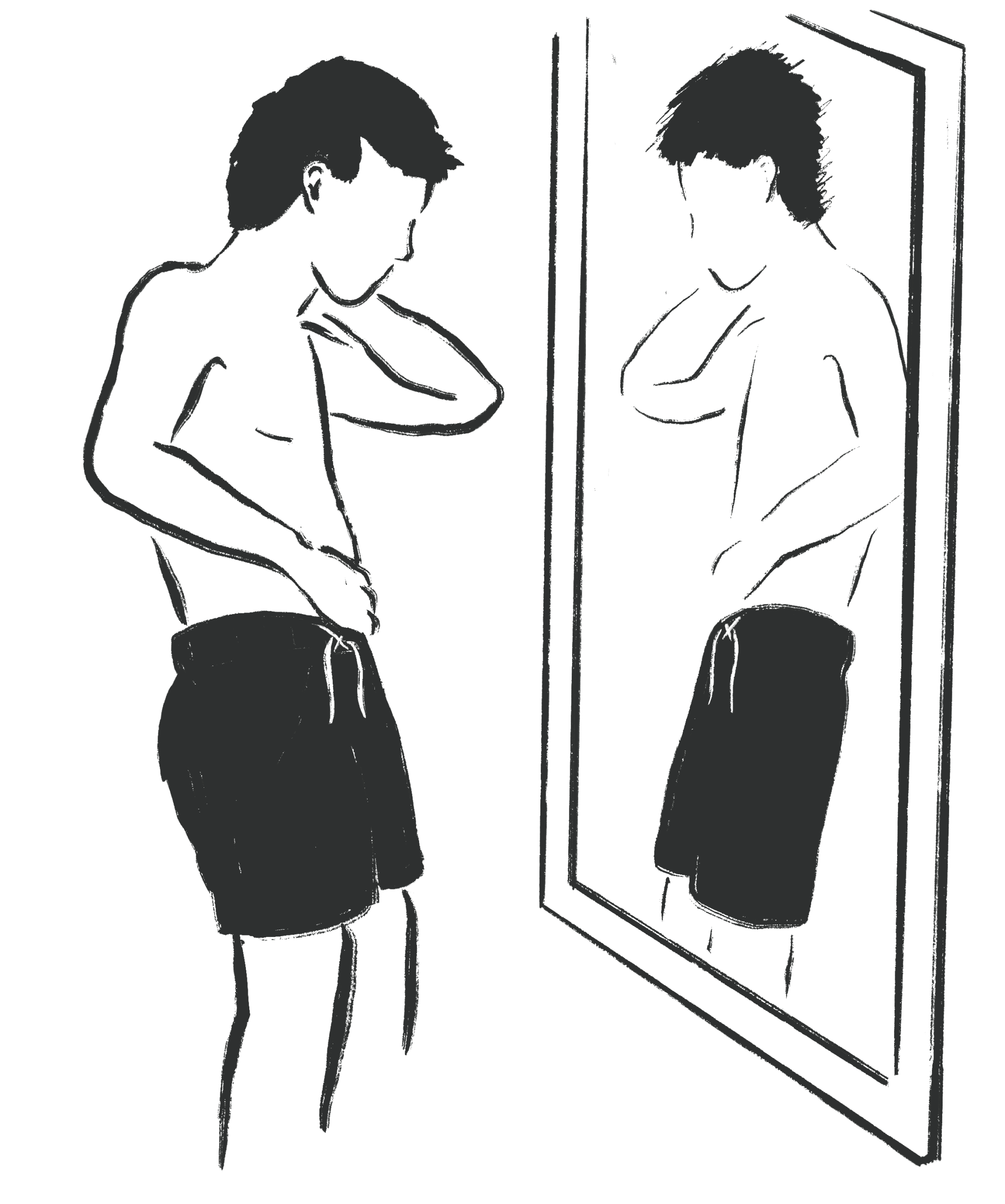 Tegnet illustrasjon av en gutt som ser på seg selv i speilet. Han har på seg badeshorts.