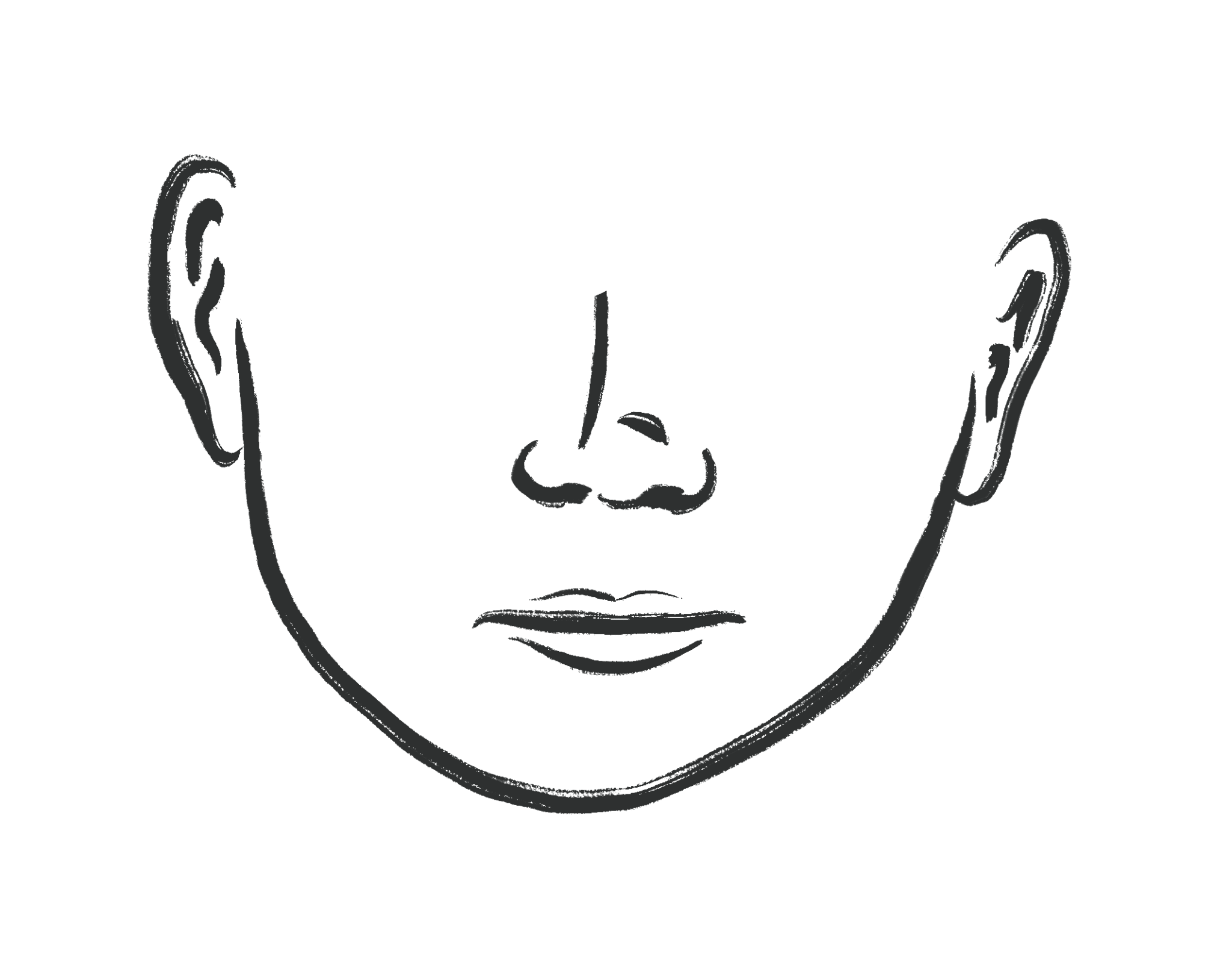 Tegnet illustrasjon av et hode hvor vi kun ser ører, kjeve, nese og munn. Personen har rett munn.