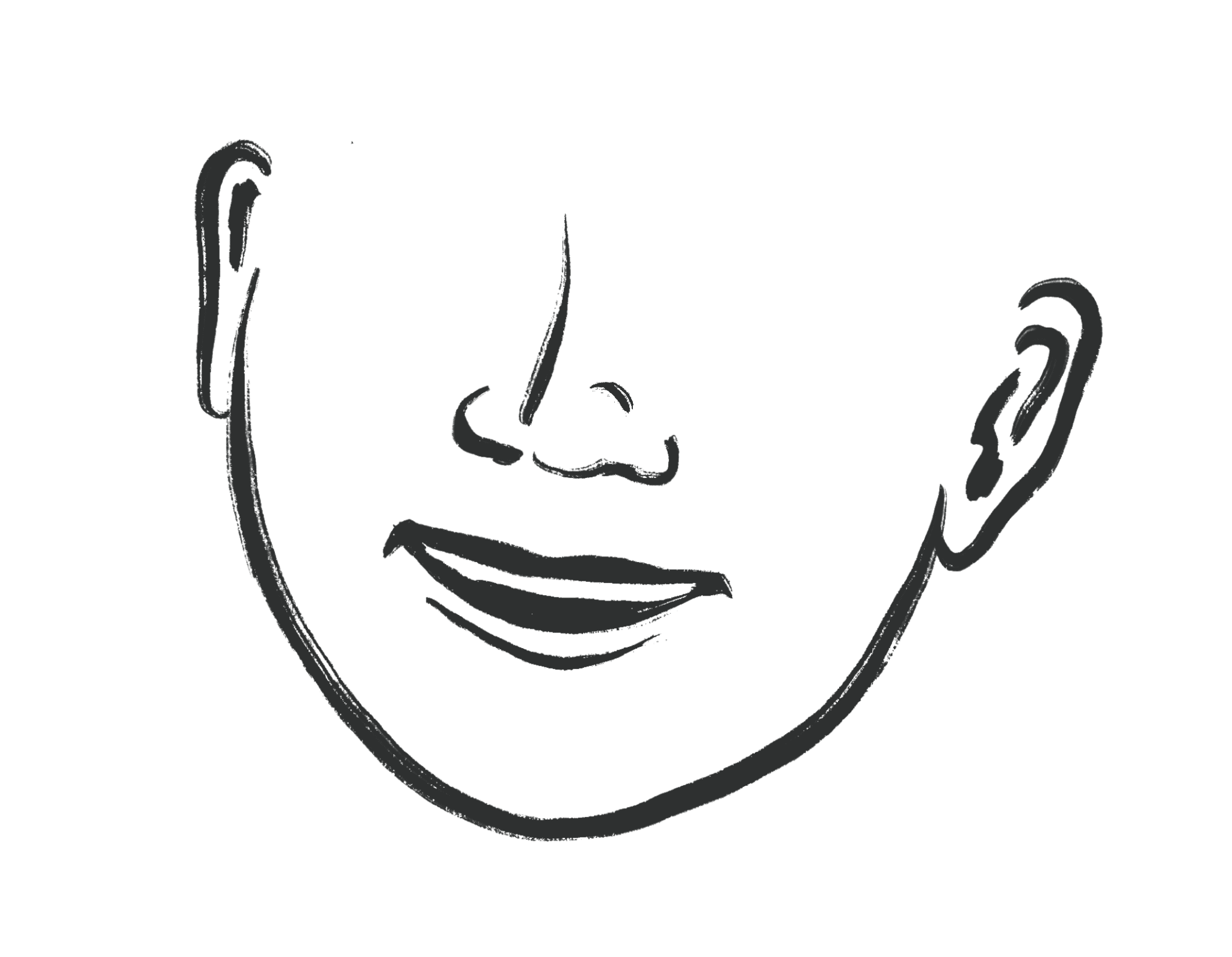 Tegnet illustrasjon av et hode hvor vi kun ser ører, kjeve, nese og munn. Personen smiler.