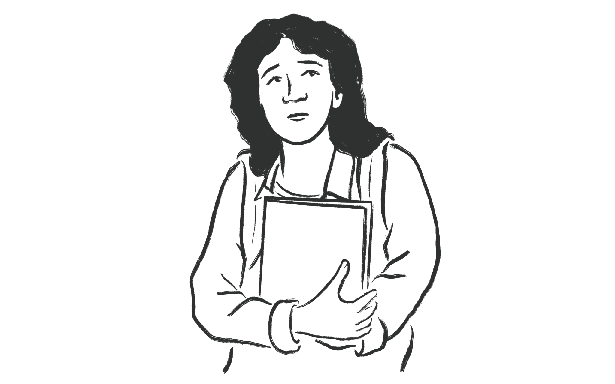 Tenet illustrasjon av jente som holder bøker i hendene. Hun har en usikker holdning og bekymret ansiktsuttrykk.