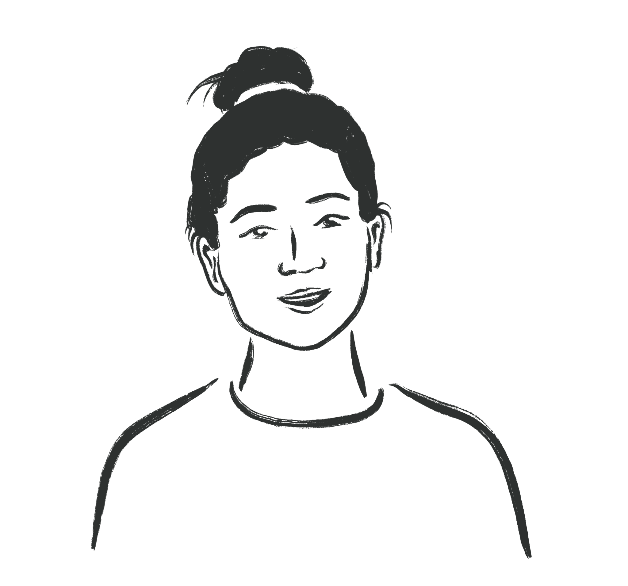 Tegnet illustrasjon av en jente. Hun smiler med åpen munn og ser mot deg.